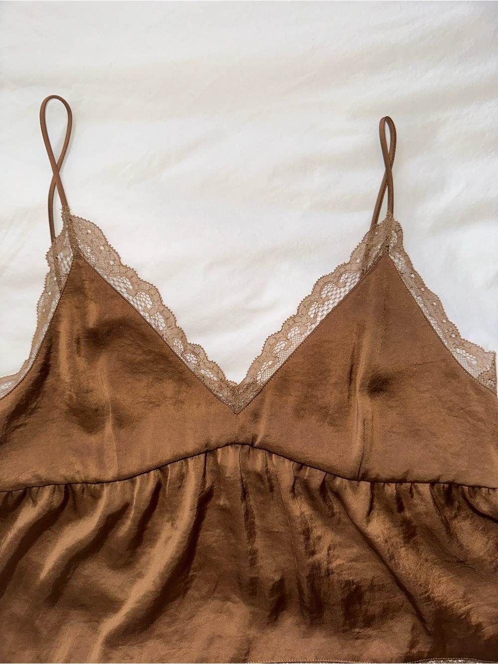 LITTLE MOON BROWN SATIN LACE TRIM CAMISOLE